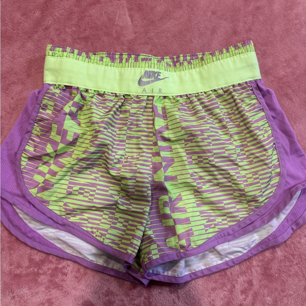 Nike Purple and Green Athletic Shorts with Curved Hem
